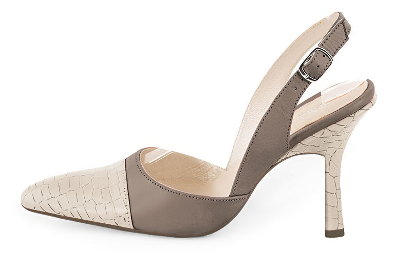 Champagne white and bronze beige women's slingback shoes. Tapered toe. Very high spool heels. Profile view - Florence KOOIJMAN